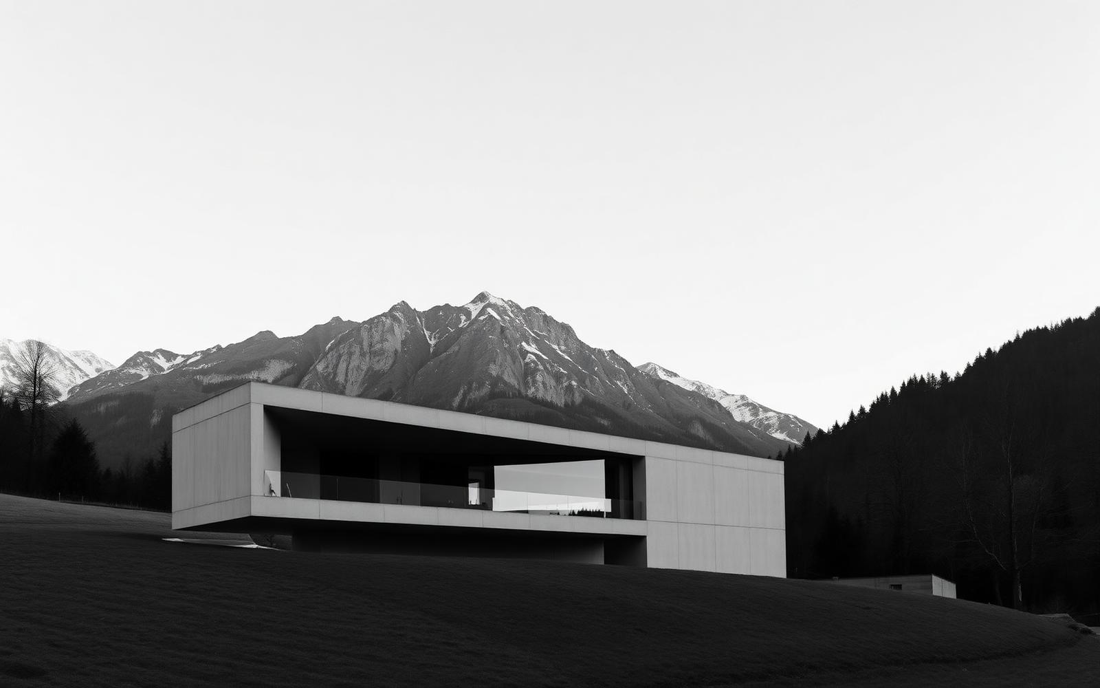 Minimalist Swiss modernist architecture set against alpine peaks